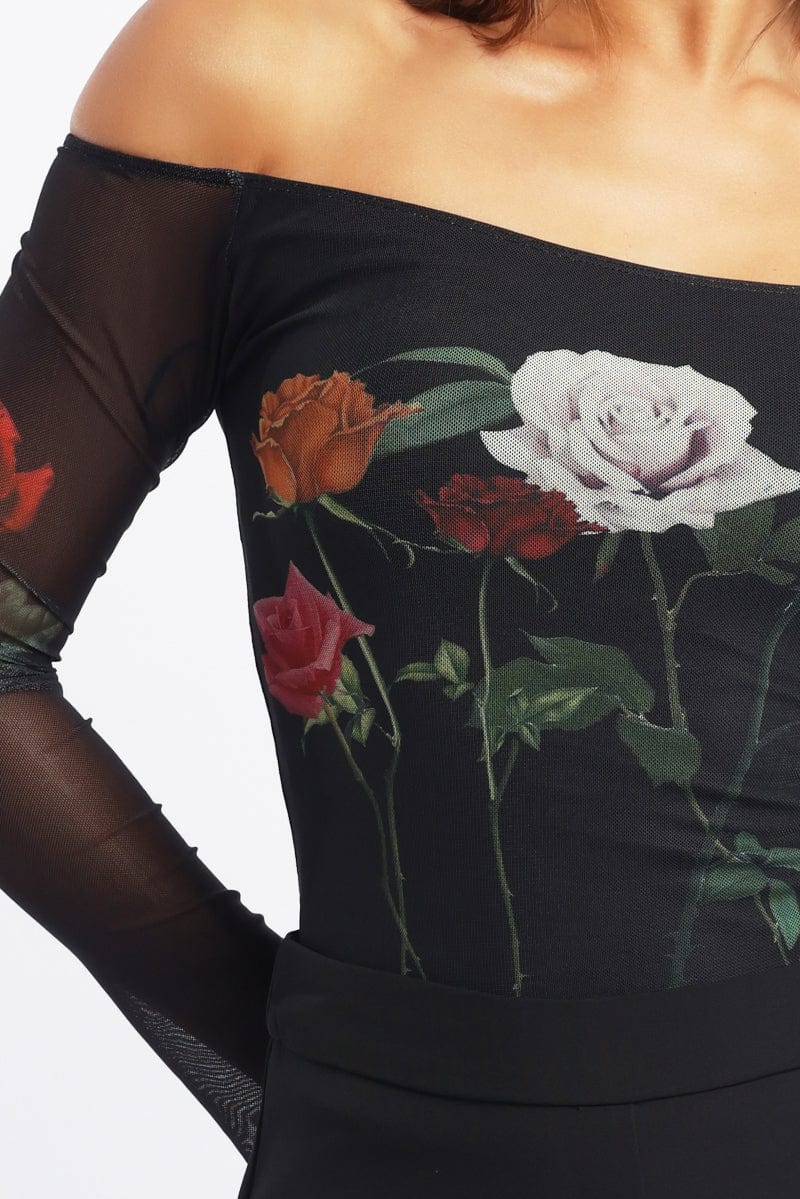 Black Floral Off Shoulder Top Mesh
