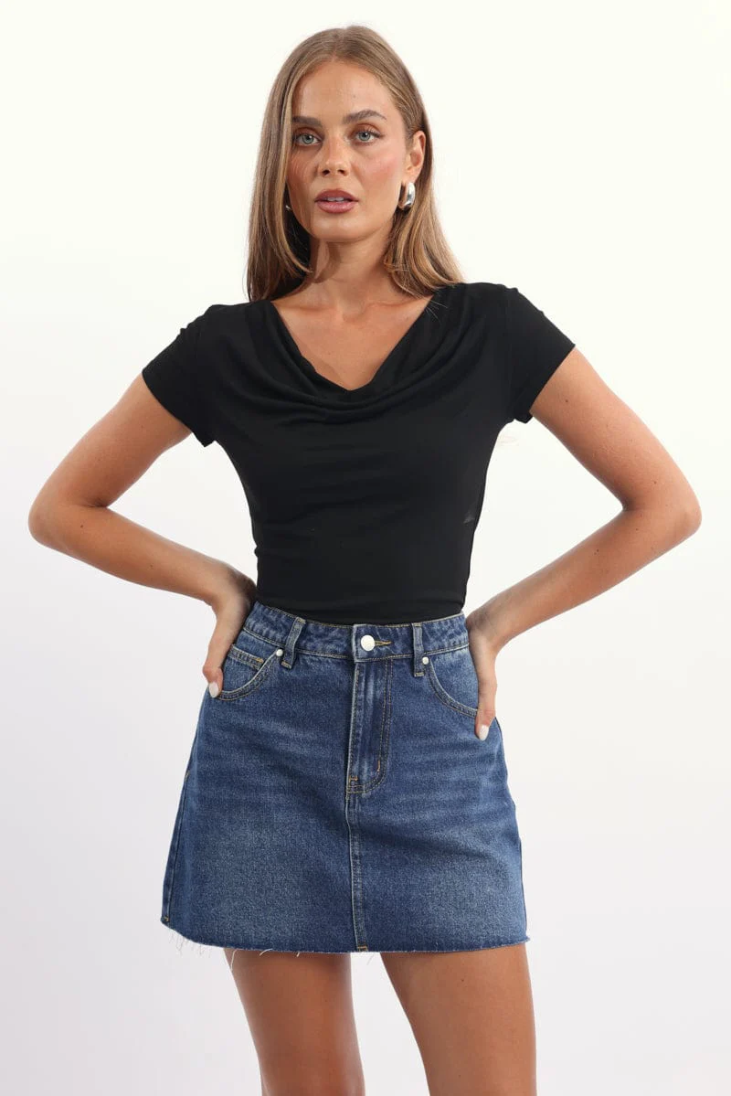 Black Cowl Neck Top Short Sleeve