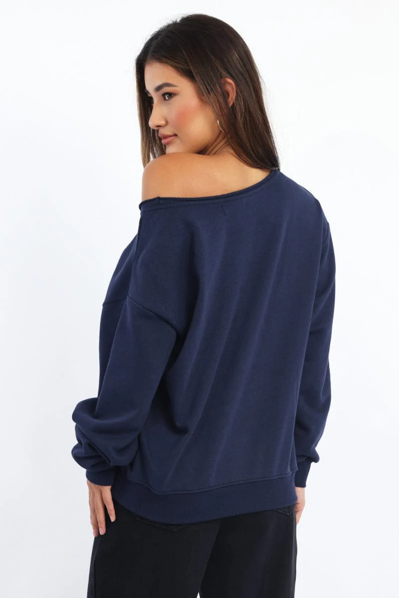 Blue Off Shoulder Sweater Long Sleeve