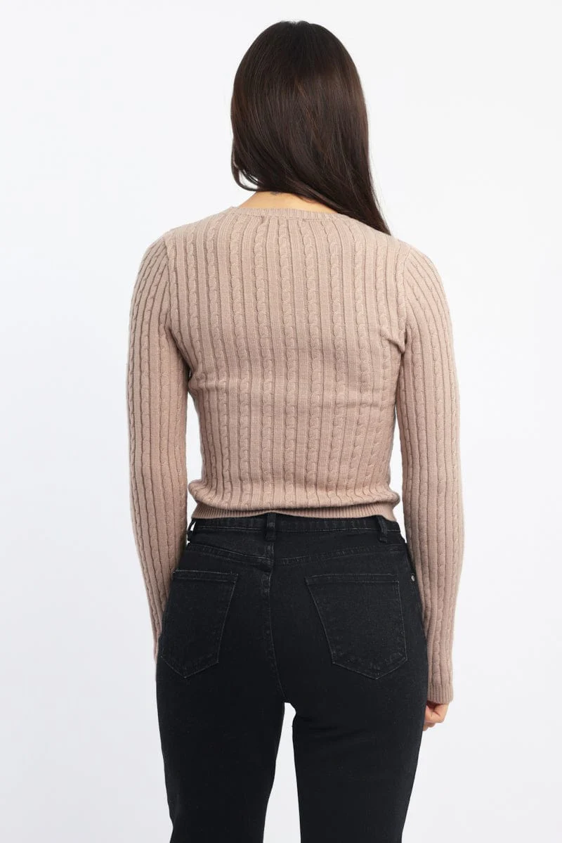 Beige Cable Knit Top Long Sleeve
