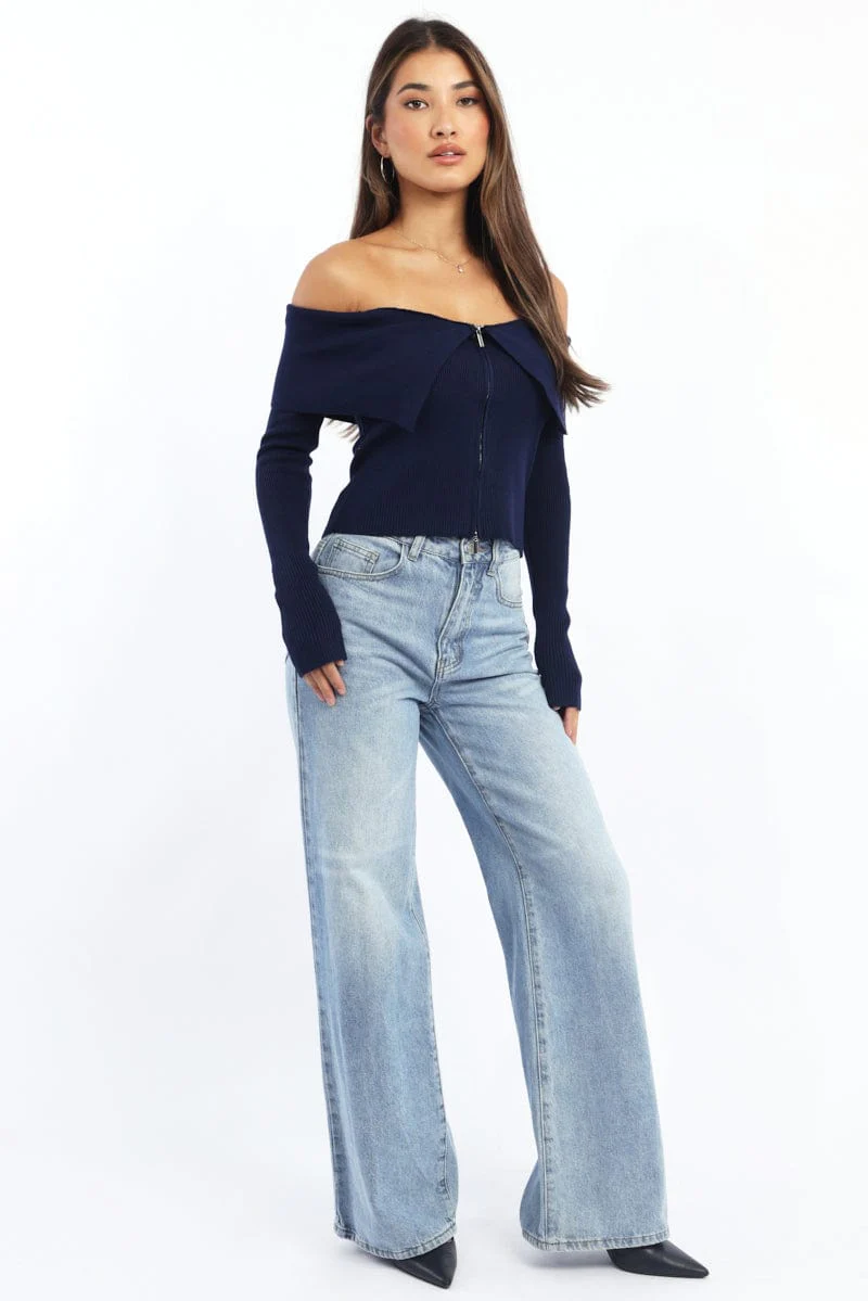 Blue Cardigan Off Shoulder Zip Up