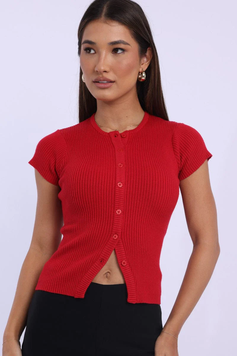 Red Knit Top Short Sleeve Ribbed