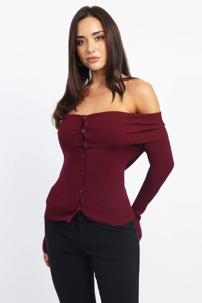 Red Knit Cardigan Long Sleeve Bardot