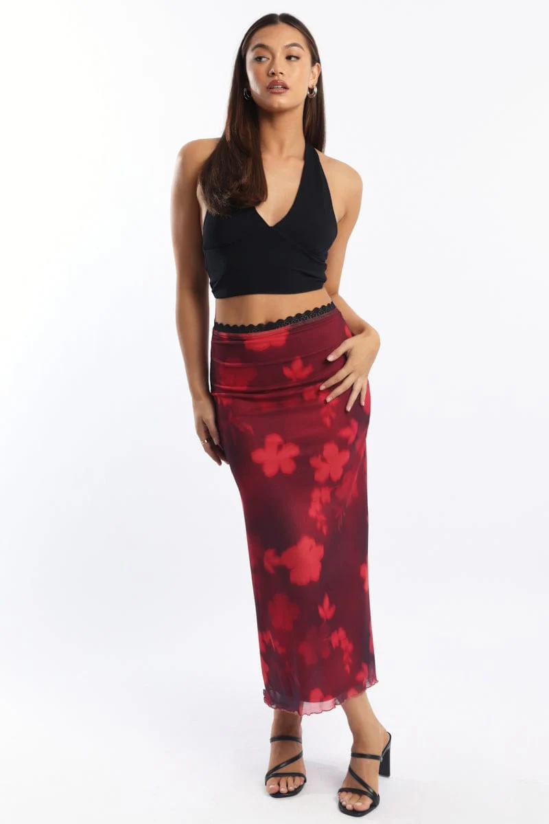 Red Floral Mesh Skirt Elasticated Lace Trim Midaxi