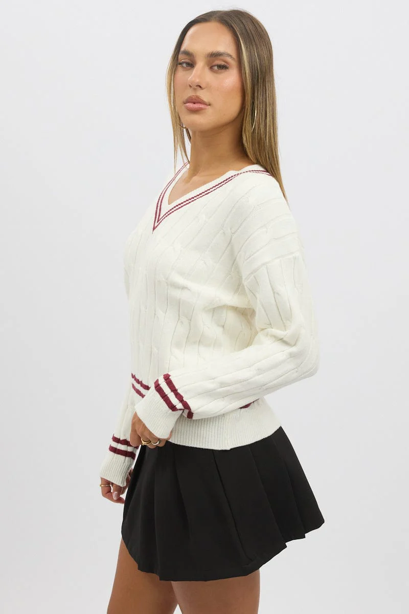 White Cable Knit Top Long Sleeve V-Neck