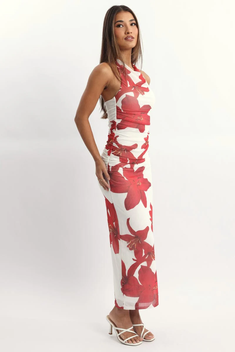 White Floral Bodycon Dress Halter Neck