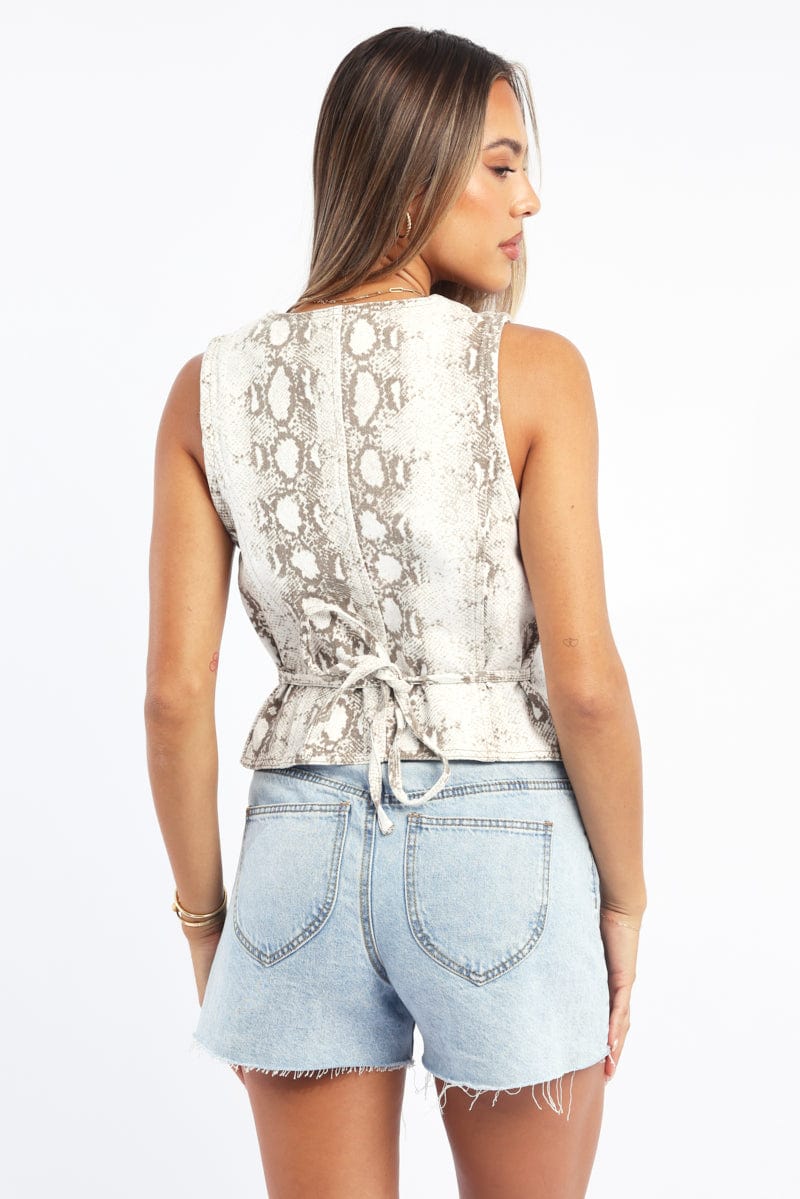 Beige Animal Print Denim Vest Sleeveless V-neck Button Up