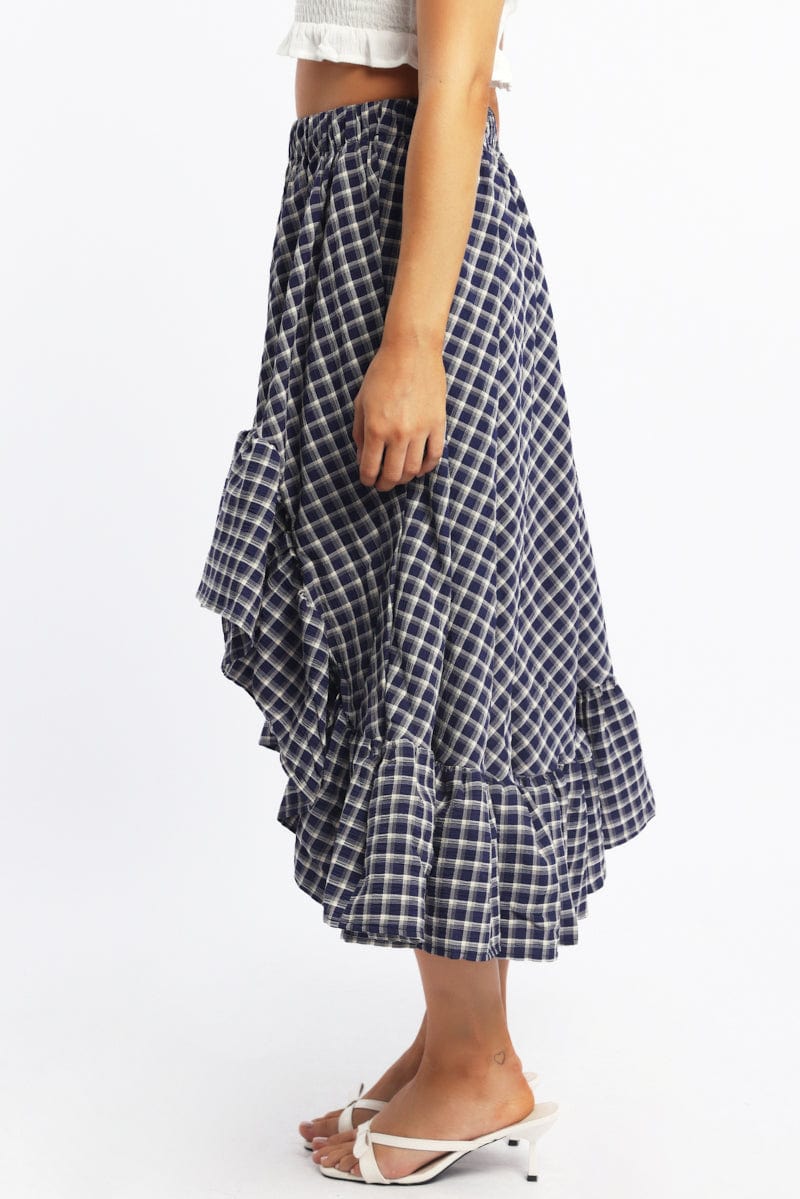 Blue Check Asymmetric Midi Skirt High Rise Elastic Waist