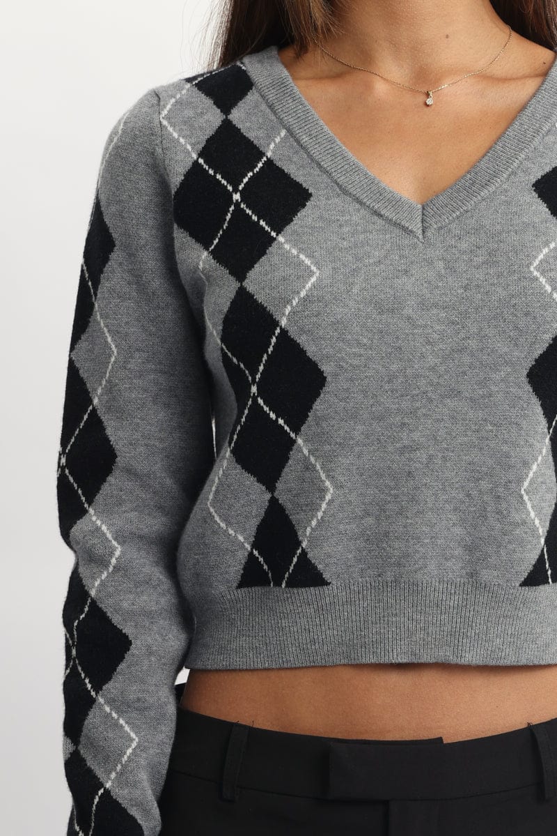Grey Check Knit Top Long Sleeve V-Neck Argyle