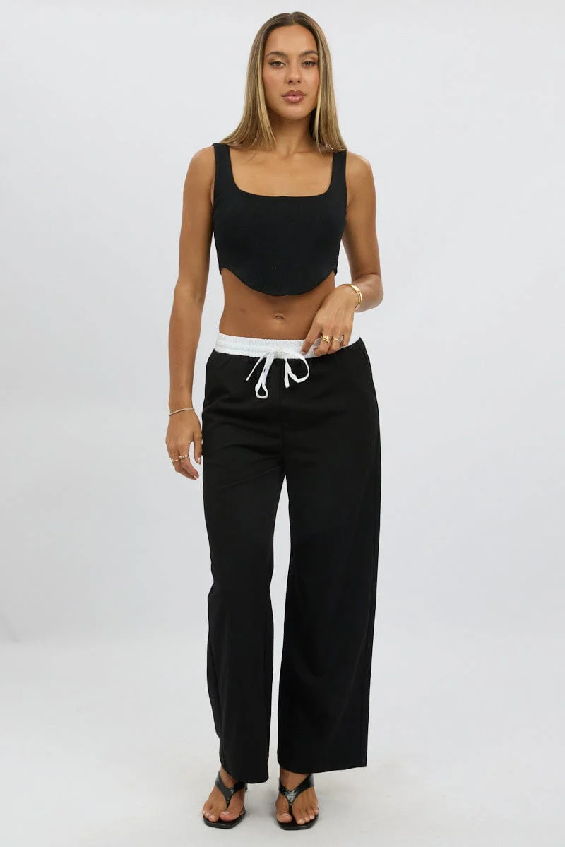 Black Wide Leg Pants Elasticated Contrast Waist