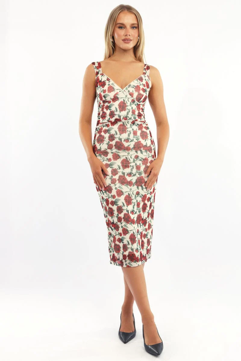 Beige Floral Bodycon Dress Mesh