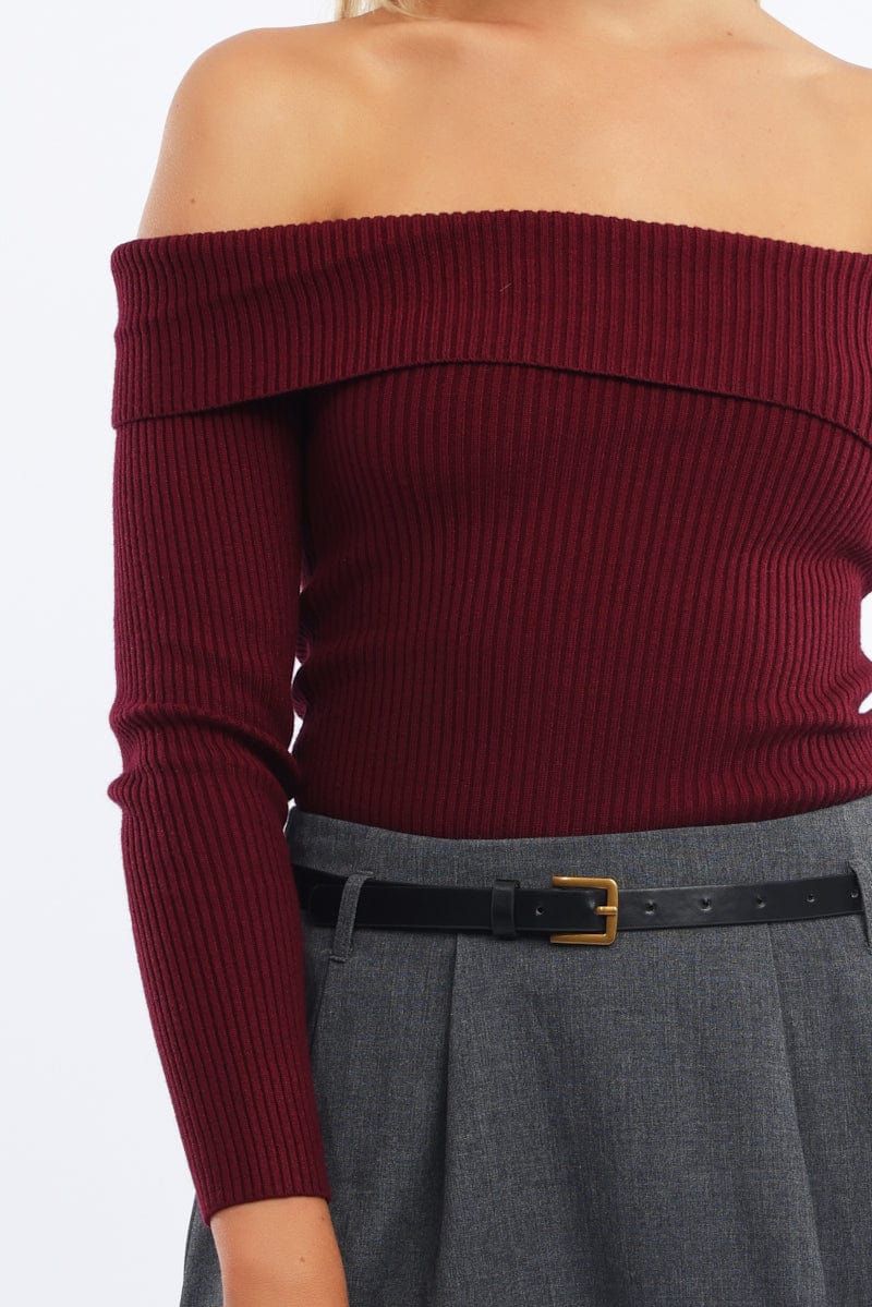 Red One Shoulder Knit Top Long Sleeve