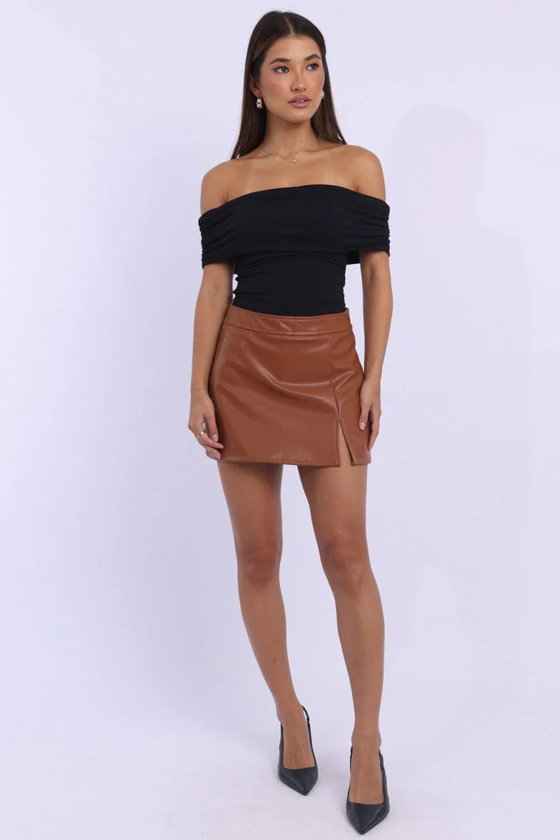 Beige PU Skort Skirt Mid Rise Mini Slight Stretch