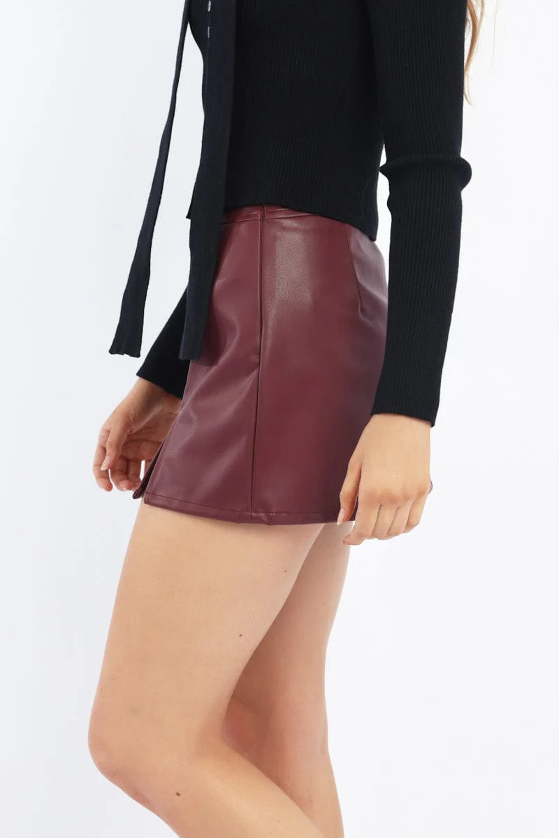 Red PU Skort Skirt Mid Rise Mini Slight Stretch
