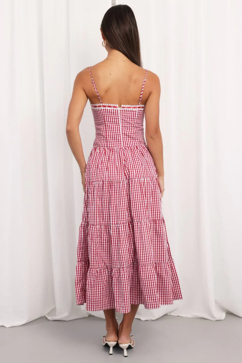 Red Check Maxi Dress Satin Tape Detail