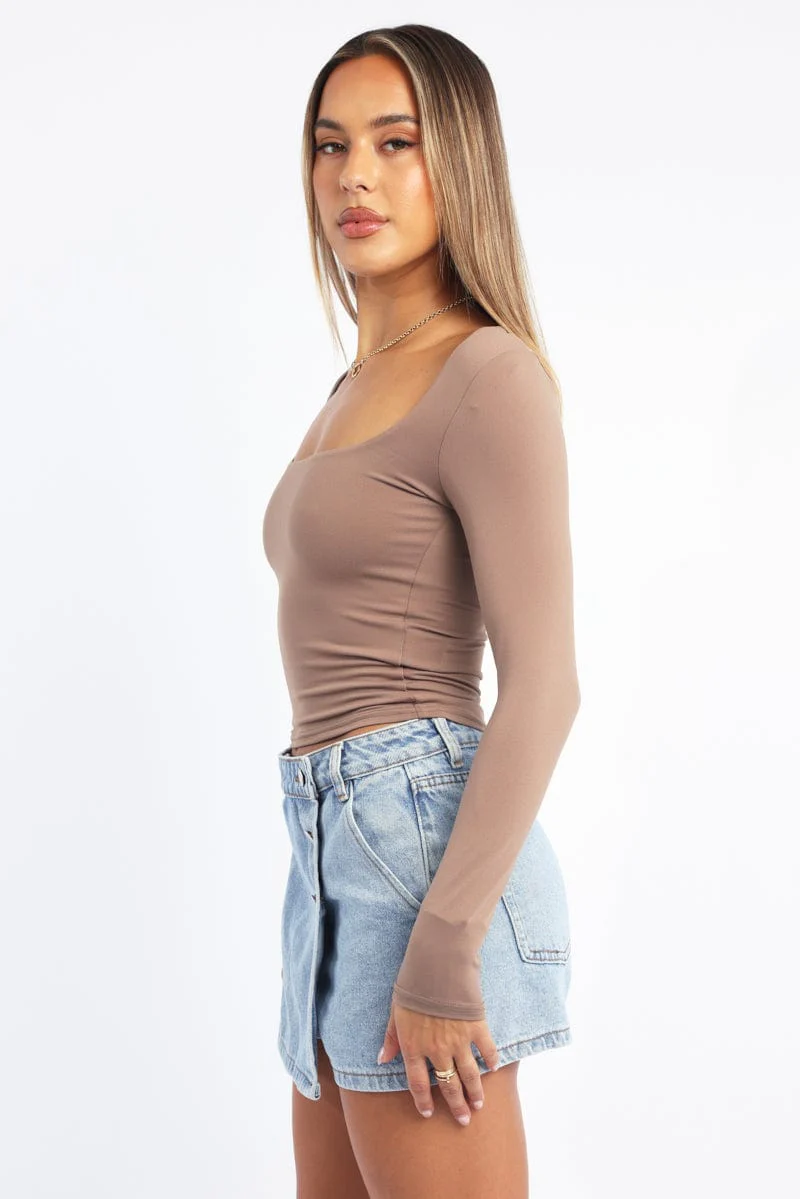 Brown Supersoft Top Square Neck Long Sleeve