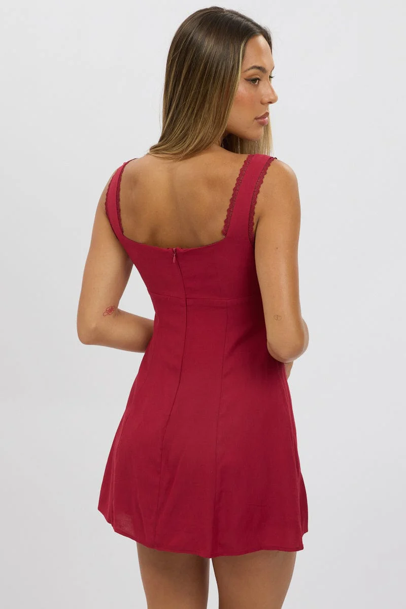 Red Mini Dress Gathered Bust