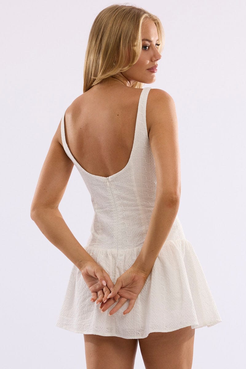 White Midi Dress Drop Waist Lace Fabric