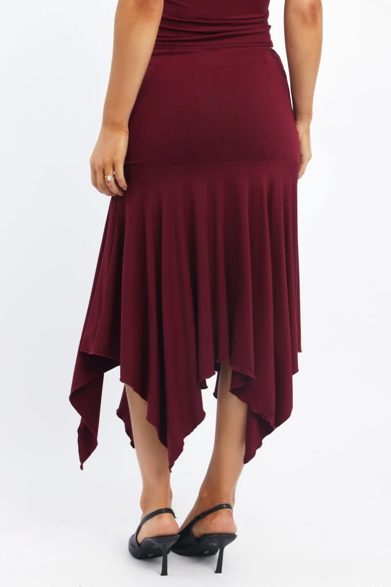 Red Scarf Hem Skirt High Rise Midi Asymm Supersoft