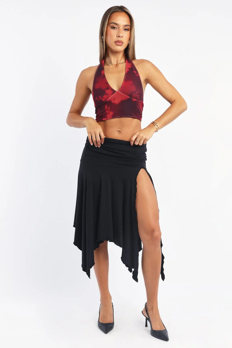 Black Scarf Hem Skirt High Rise Midi Asymm Supersoft