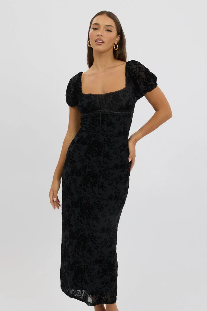 Black Maxi Dress Puff Sleeve Burn Out