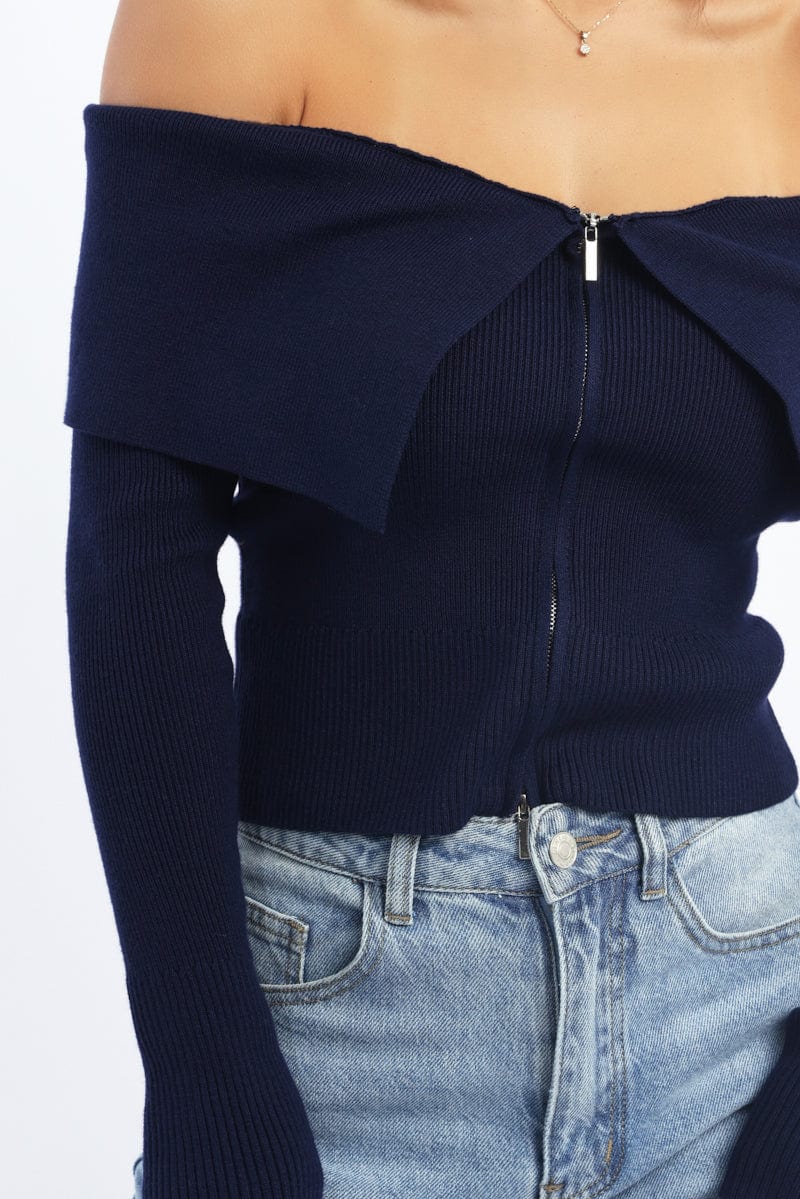 Blue Cardigan Off Shoulder Zip Up