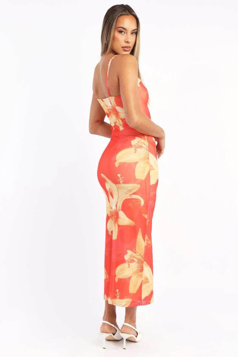Orange Floral Bodycon Dress Maxi Mesh Â