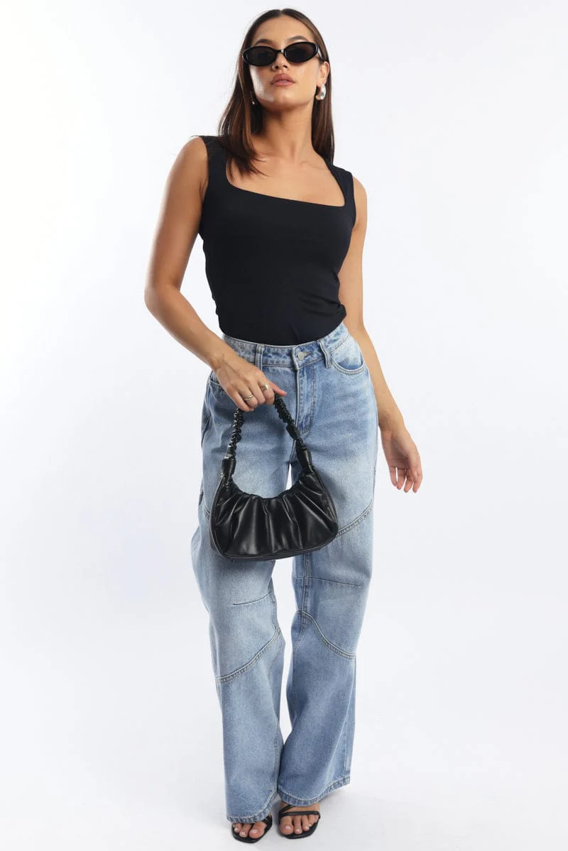 Black Supersoft Tank Top Square Neck Double Layered