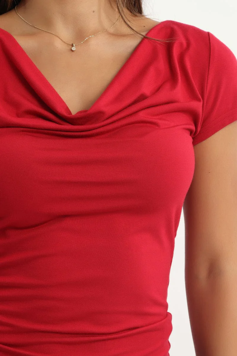 Red Cowl Neck Top Short Sleeve