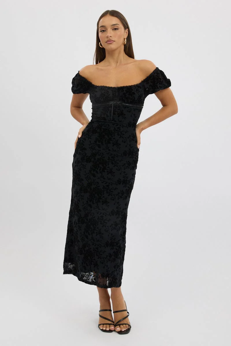 Black Maxi Dress Puff Sleeve Burn Out