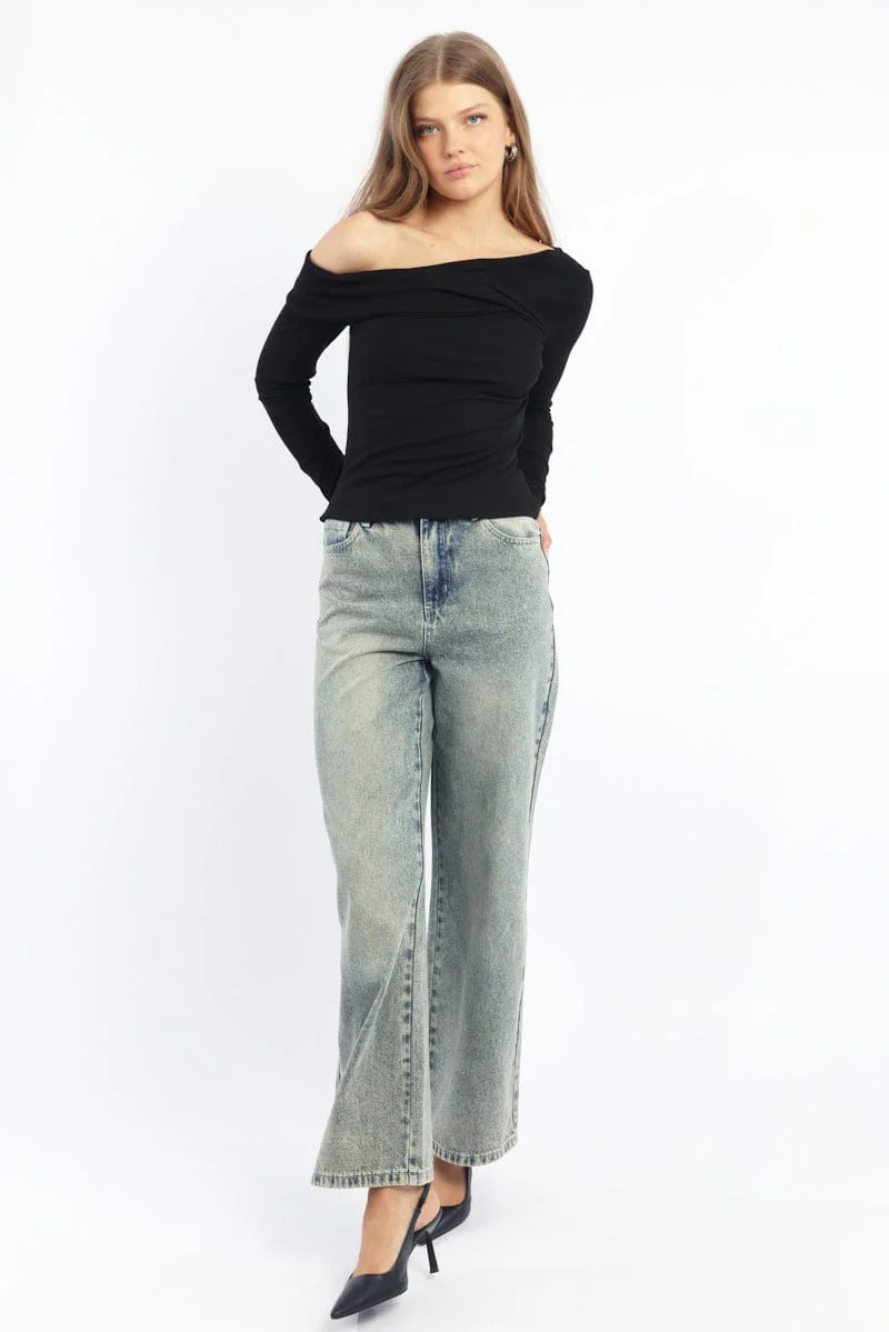 Black One Shoulder Top Long Sleeve