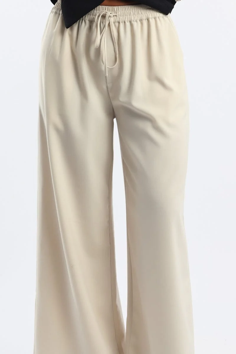 Beige Wide Leg Pants Elasticated Waist
