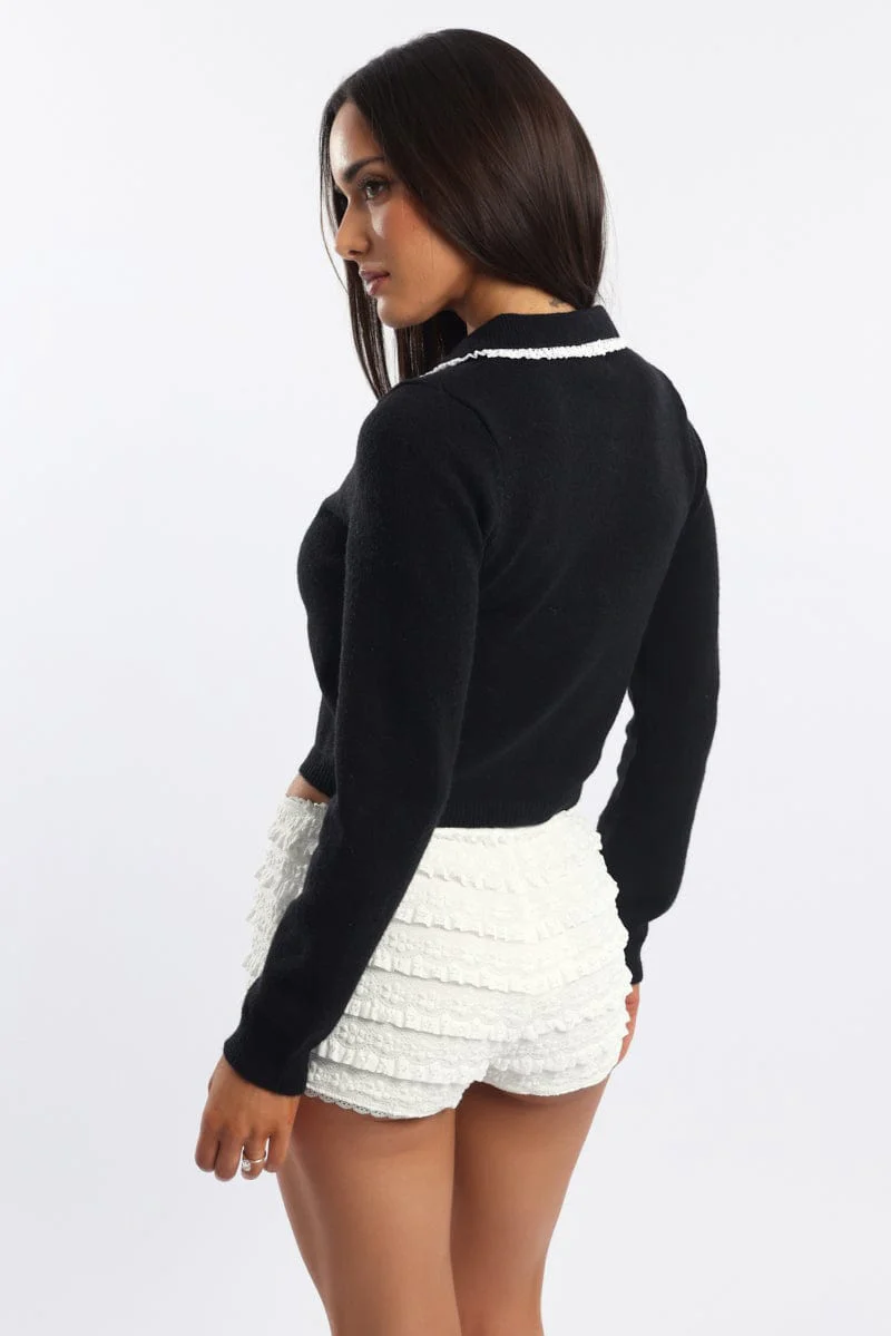 Black Collar Knit cardigan Collar Lace Trim