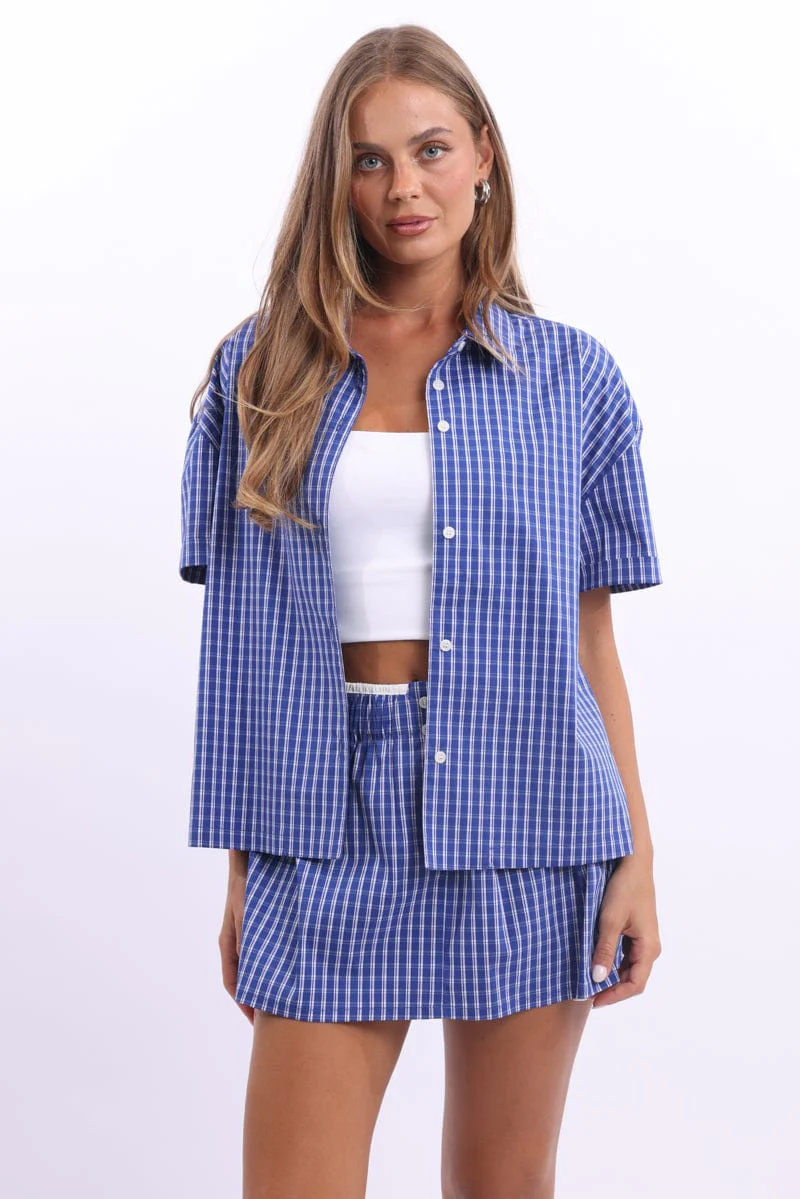 Blue Check Short Sleeve Shirt Button Up