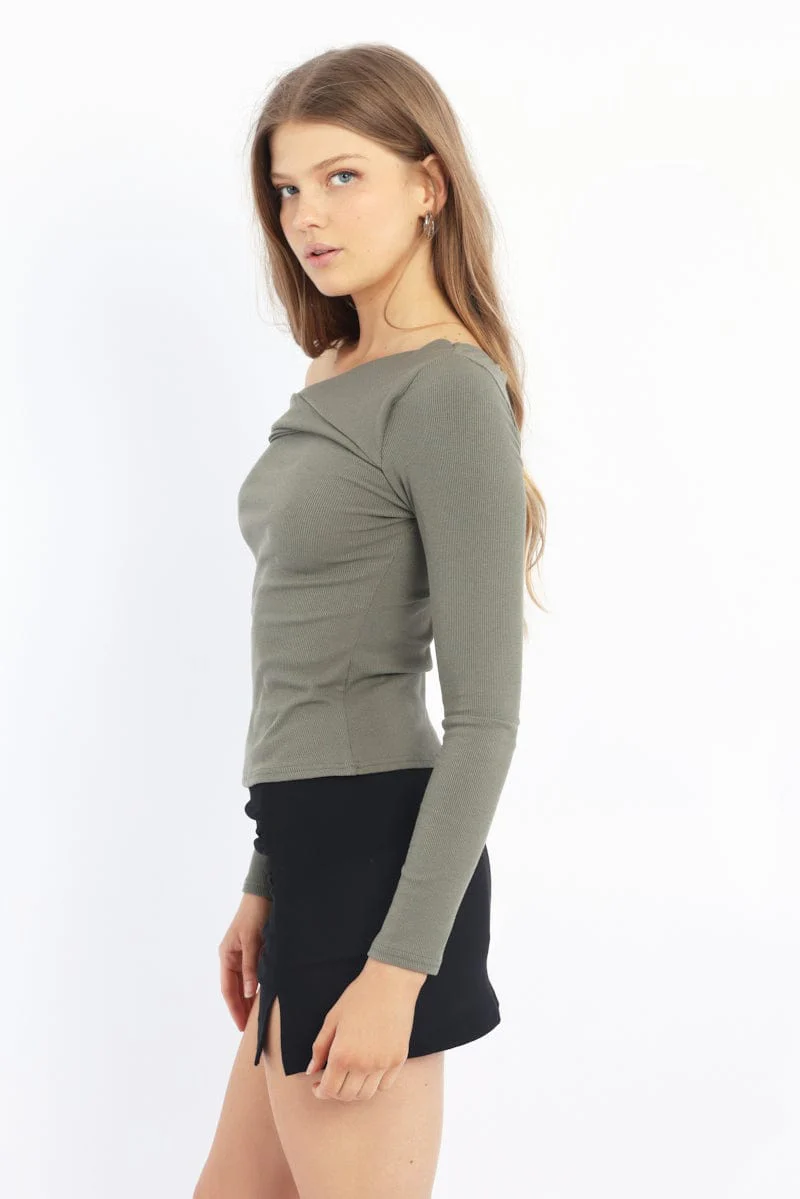 Green One Shoulder Top Long Sleeve