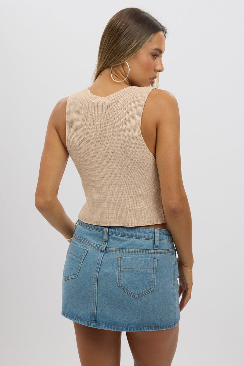 Beige Knit Vest V Neck