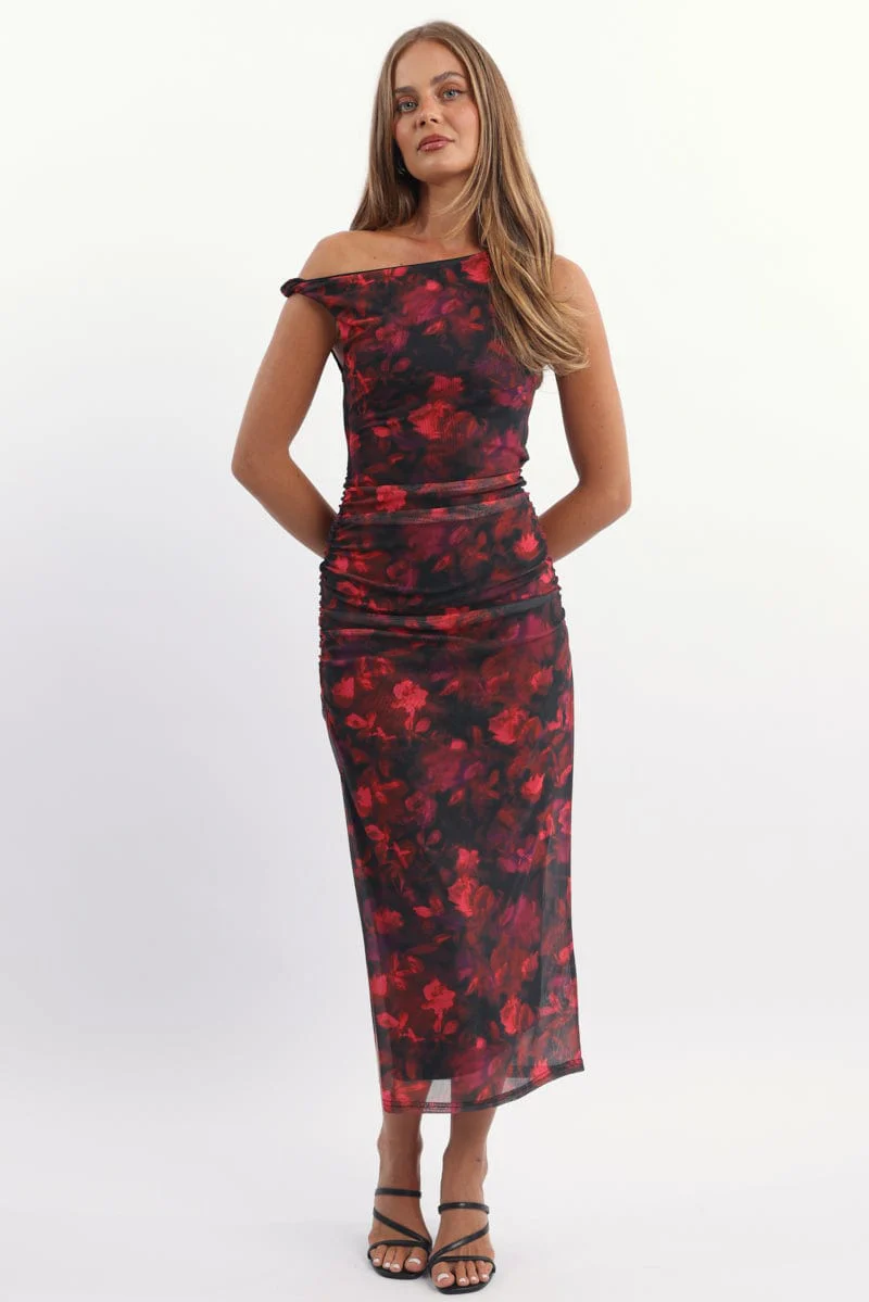 Red Floral Bodycon Dress Mesh