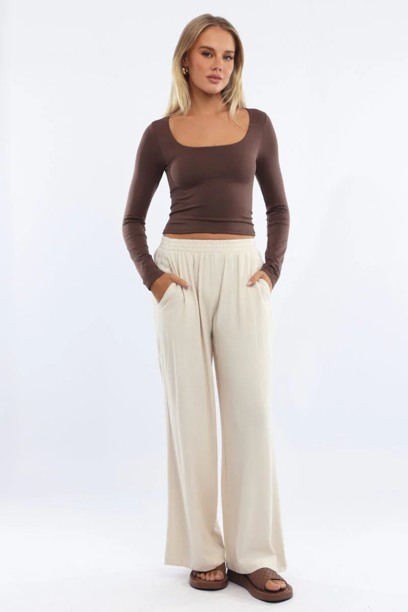 Beige Wide Leg Pants Elasticated Waist