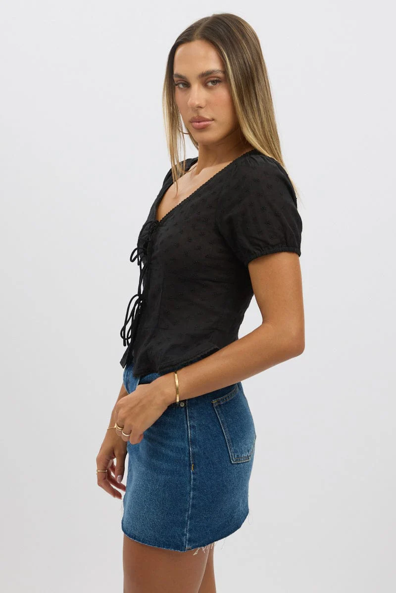 Black Tie Up Top Short Sleeve Eyelet