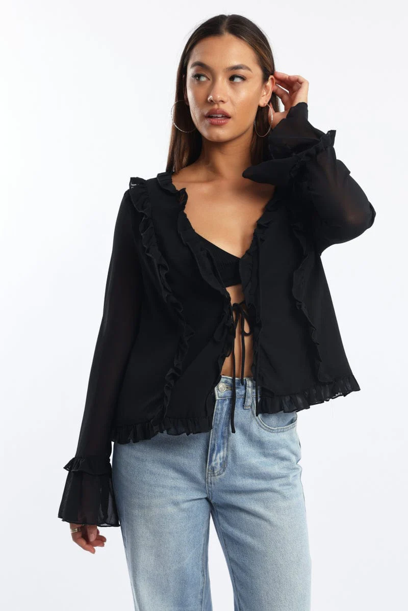 Black Tie Up Top Long Sleeve V Neck Filled