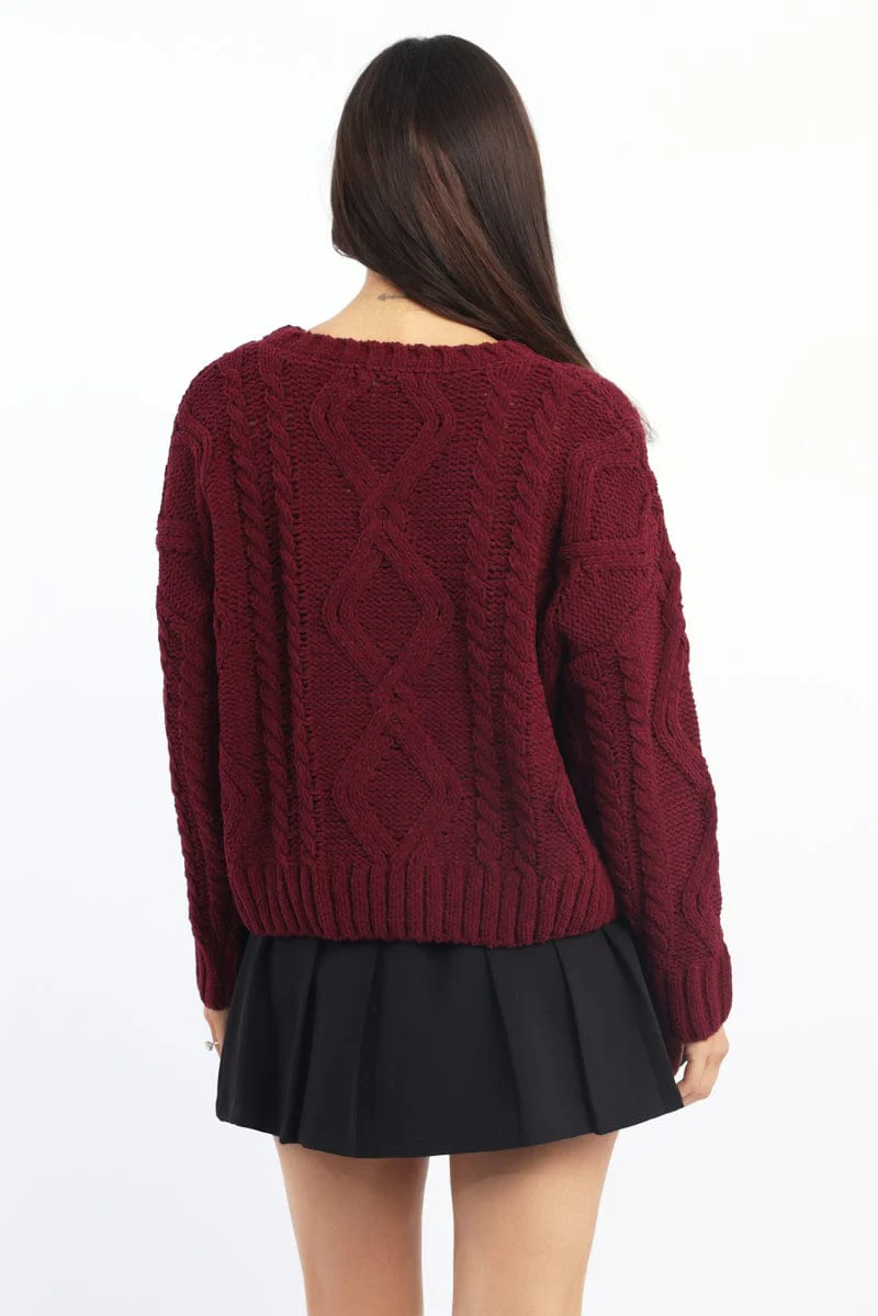 Red Cable Knit Long Sleeve Crew Neck