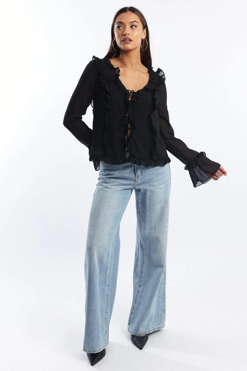 Black Tie Up Top Long Sleeve V Neck Filled