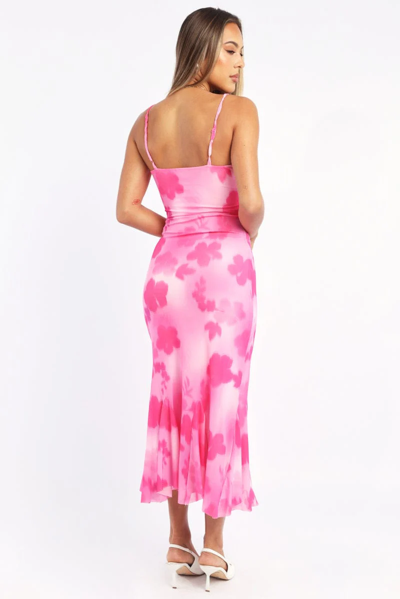 Pink Floral Bodycon Dress Midi