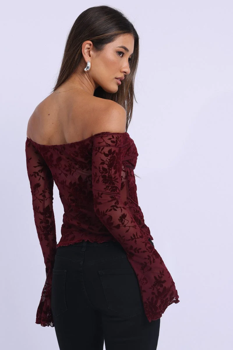 Red Off Shoulder Top Long Sleeve