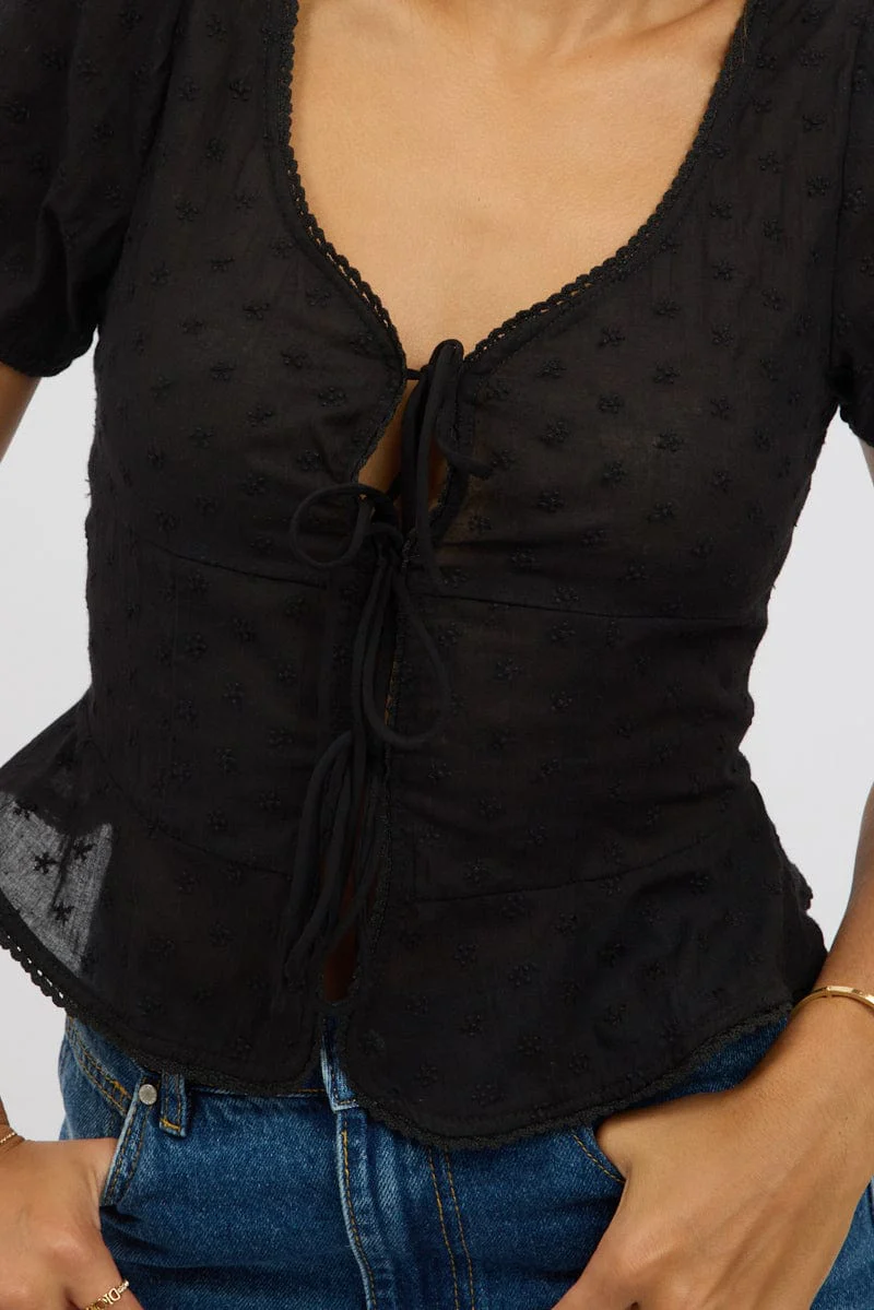 Black Tie Up Top Short Sleeve Eyelet