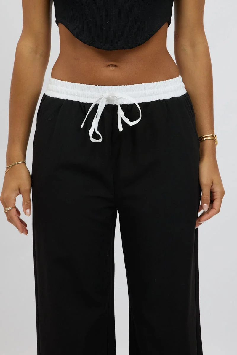 Black Wide Leg Pants Elasticated Contrast Waist