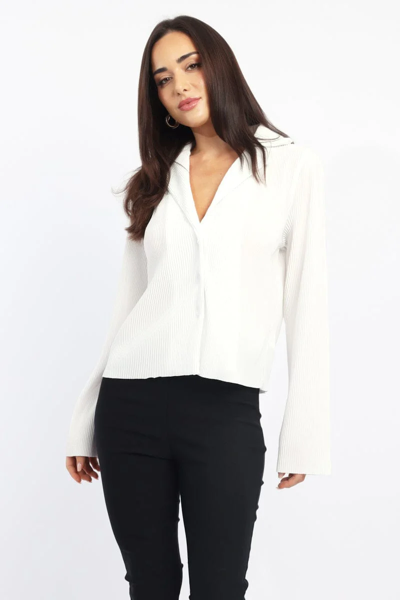 White Plisse Shirt Long Sleeve Lapel Collar Button Up