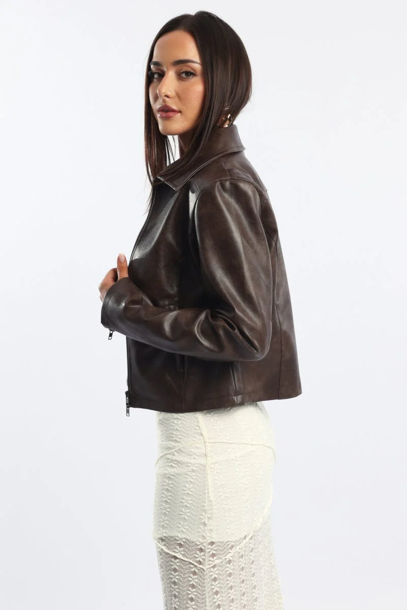 Brown Faux Leather Jacket Long Sleeve