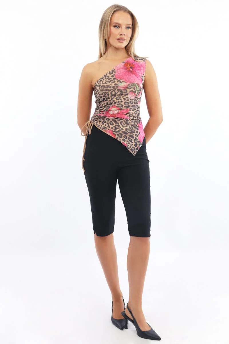 Multi Animal Print One Shoulder Top Mesh