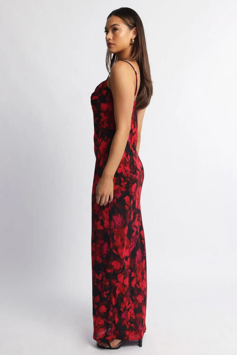 Red Floral Maxi Dress Cowl Neck